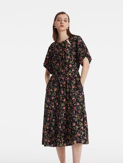 16 Momme Mulberry Silk Cut-Out Rose Printed Women Midi Dress