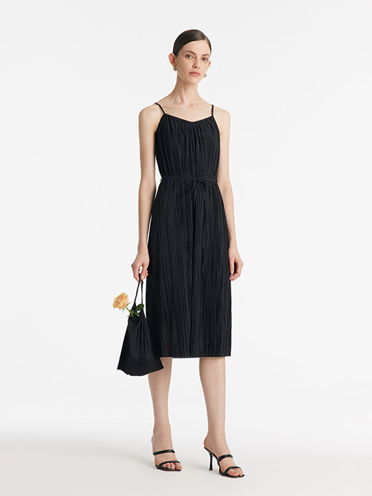 Pleated Spaghetti Strap Midi Dress And Knitted Openwork Cardigan Two-Piece Set