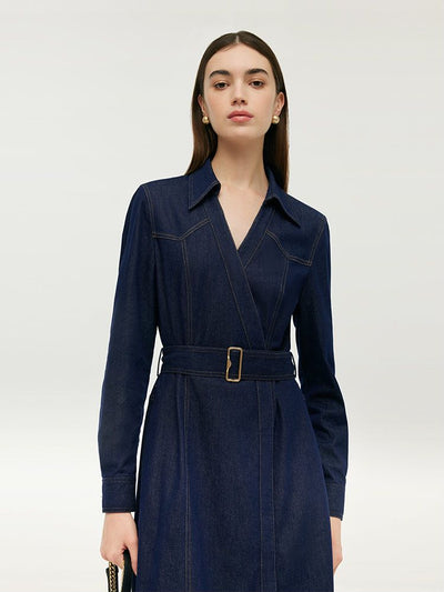 Denim Lapel Women Midi Dress With Belt