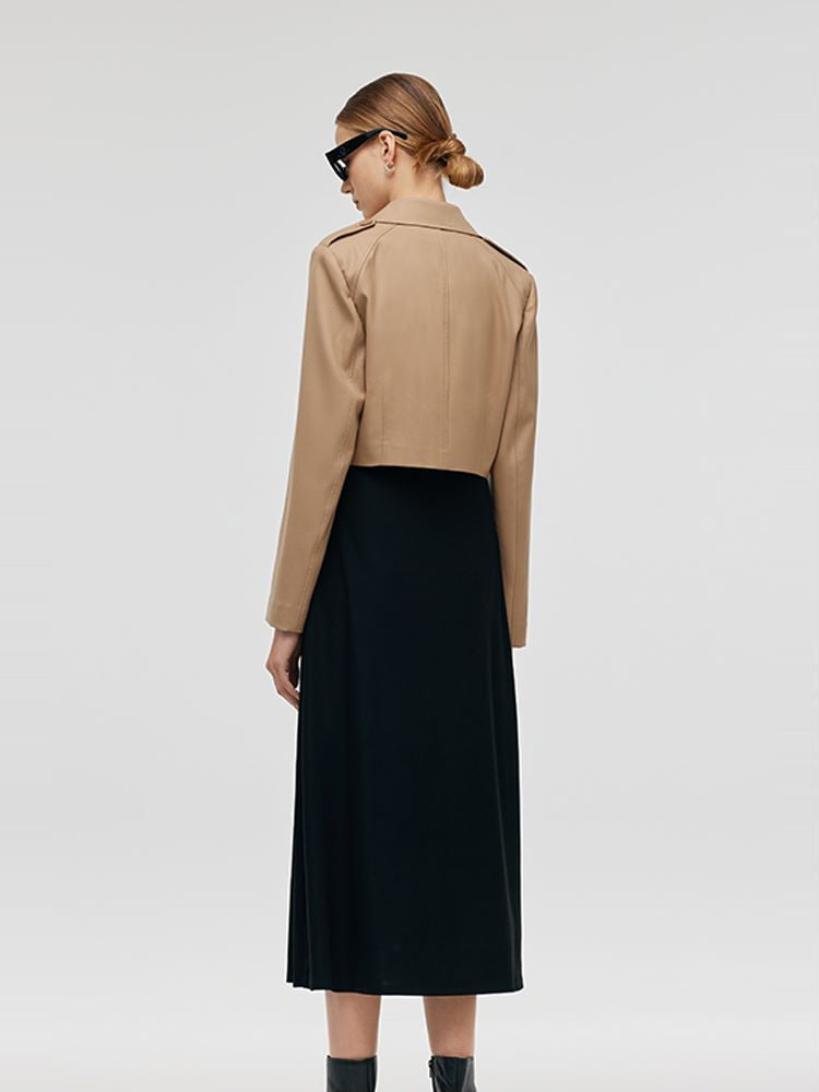 Worsted Wool Lapel Cropped Trench Coat And Acetate Midi Dress Two-Piece Set