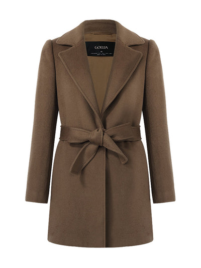 Brown Tencel Wool Notched Lapel Coat With Belt