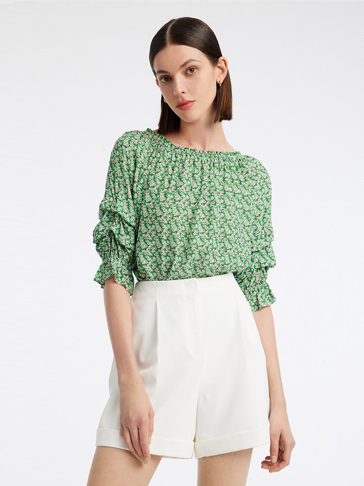 Green Floral Women Blouse And Shorts Two-Piece Set