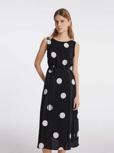 16 Momme Mulberry Silk Polka Dots Printed Women Vest Midi Dress With Belt And Rose Clip And Bottomed Skirt