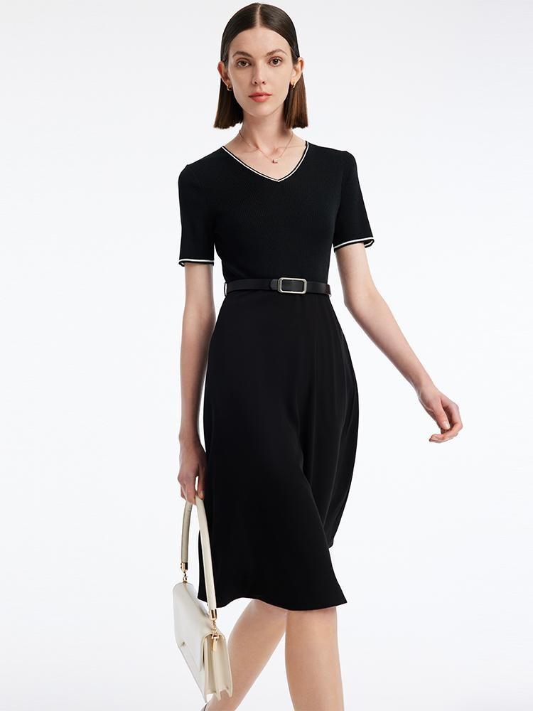 Gathered Waist Acetate Midi Black Dress With Leather Belt