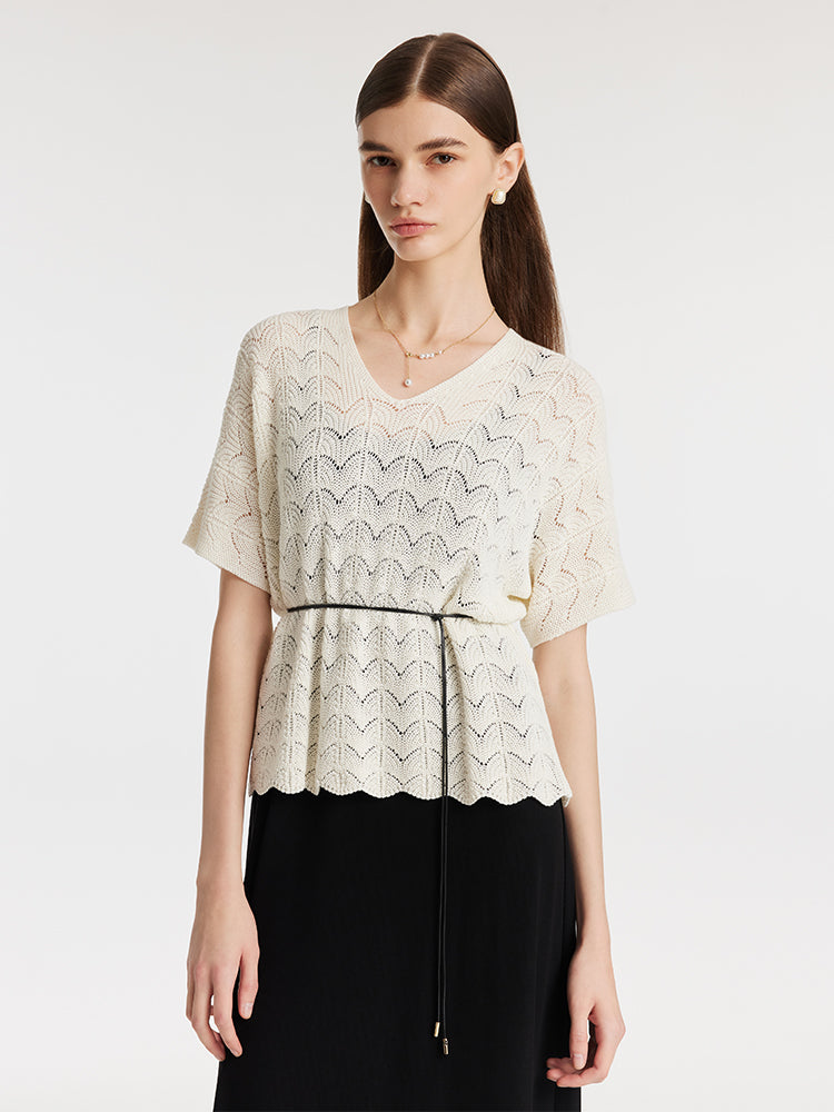 Openwork Knit Top And Strap Dress Two-Piece Set With Rope Belt