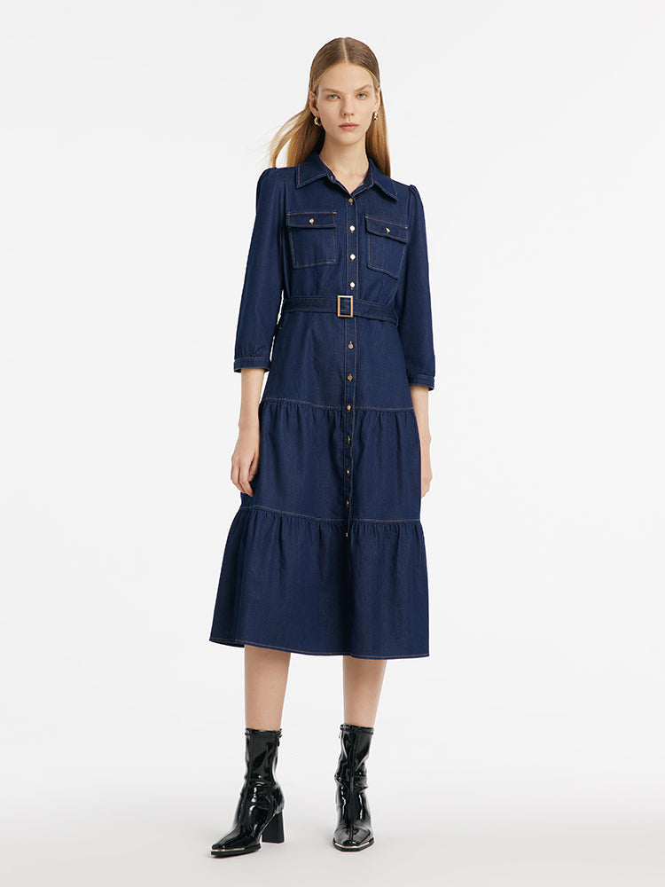 Denim Gathered Waist Women Midi Dress With Belt