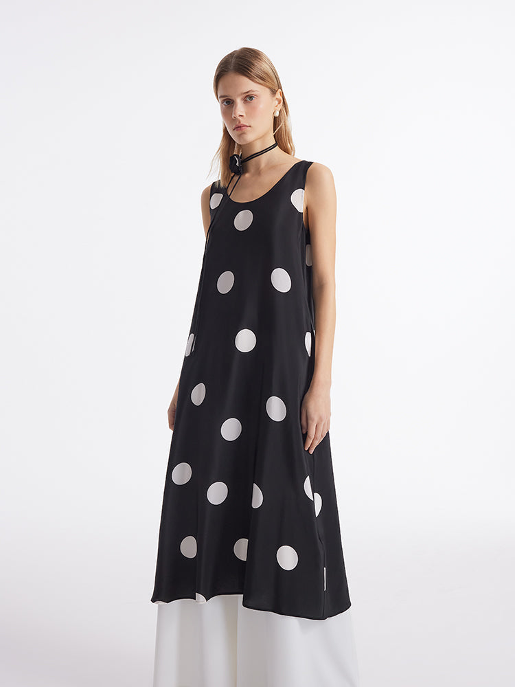 16 Momme Mulberry Silk Polka Dots Printed Women Vest Midi Dress With Belt And Rose Clip And Bottomed Skirt