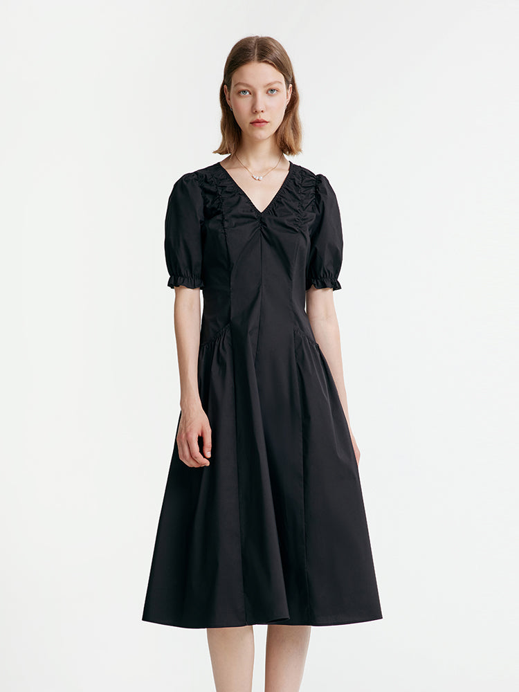 Gathered Waist Cotton Midi Dress