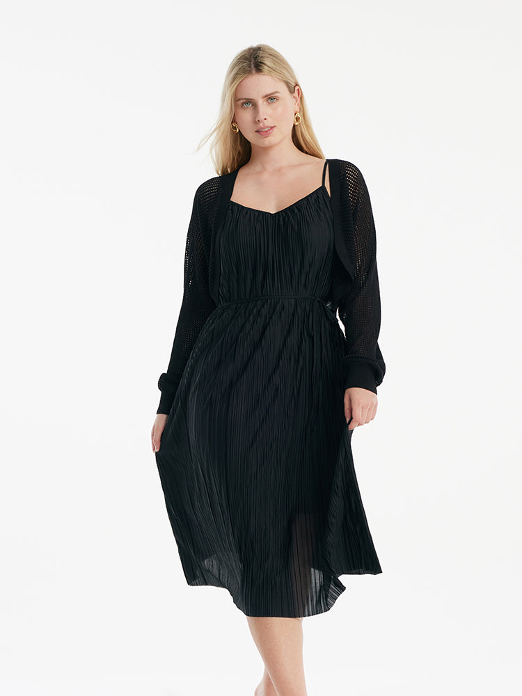 Pleated Spaghetti Strap Midi Dress And Knitted Openwork Cardigan Two-Piece Set