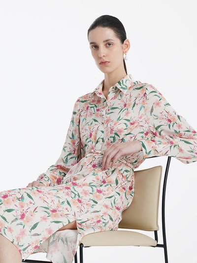 19 Momme Mulberry Silk Floral Printed Women Midi Shirt Dress With Belt