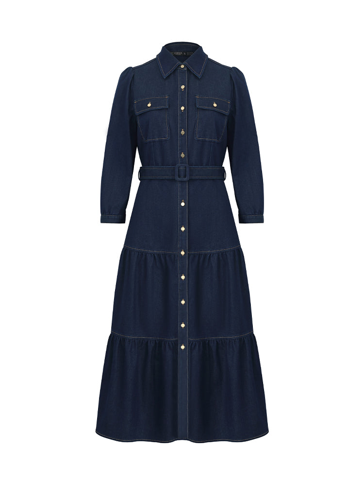 Denim Gathered Waist Women Midi Dress With Belt