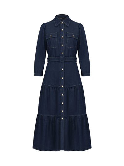 Denim Gathered Waist Women Midi Dress With Belt