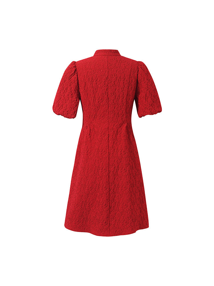 Jacquard Puff Sleeves Women Qipao Mini Dress