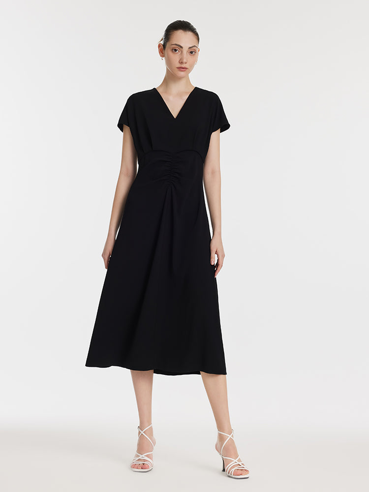 Triacetate V-Neck Ruched Women Midi Dress