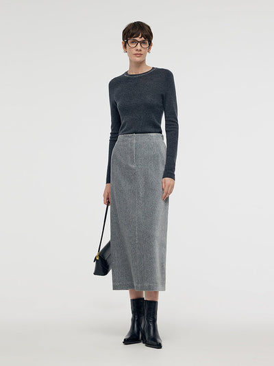 Stretch Back Slit Knitted Women Midi Skirt