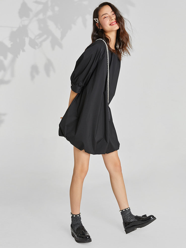 Oversized Round Neck Three Quarter Sleeve Mini Dress With Bag