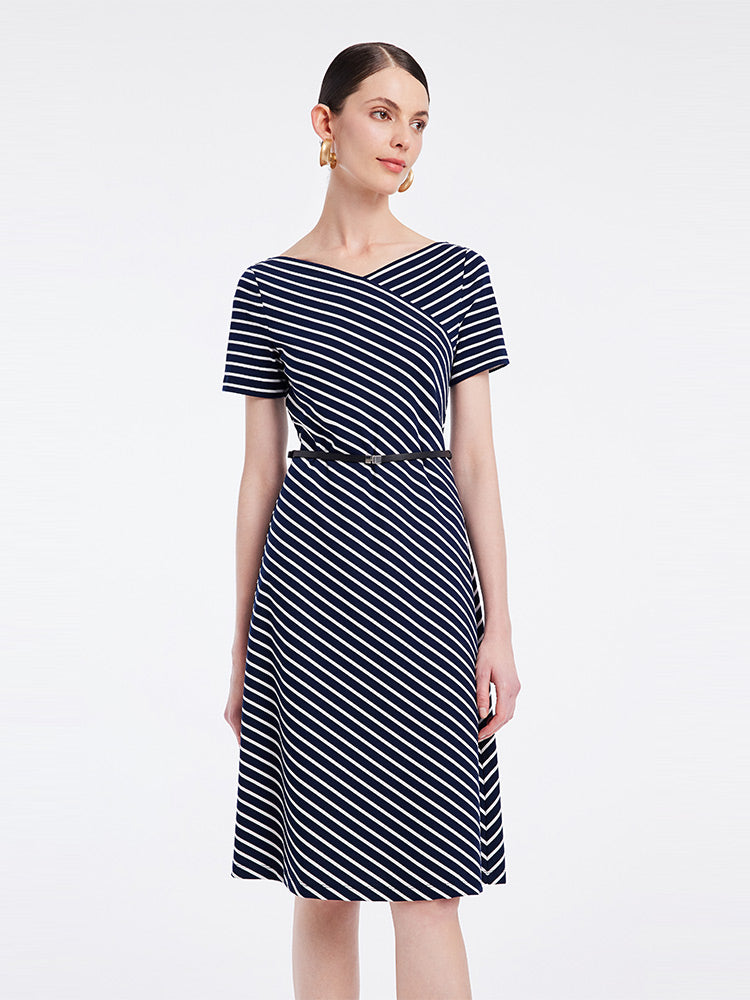 Knitted Stripe Midi Dress With Leather Belt