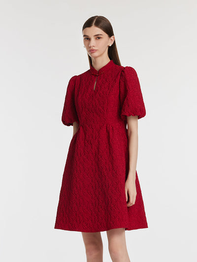 Jacquard Puff Sleeves Women Qipao Mini Dress