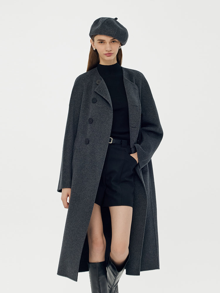 100% Wool Double-Breasted Women Overcoat With Beret