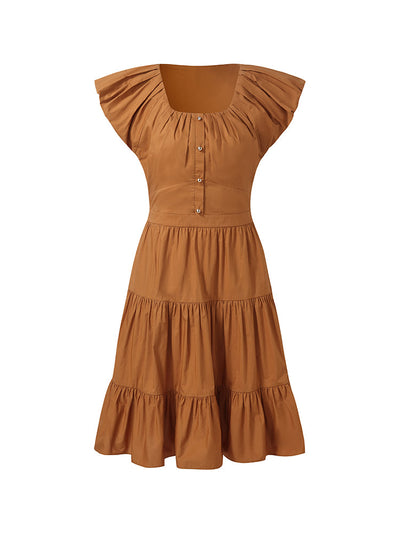 100% Cotton Ruffle Sleeve Gathered Waist Women Mini Dress