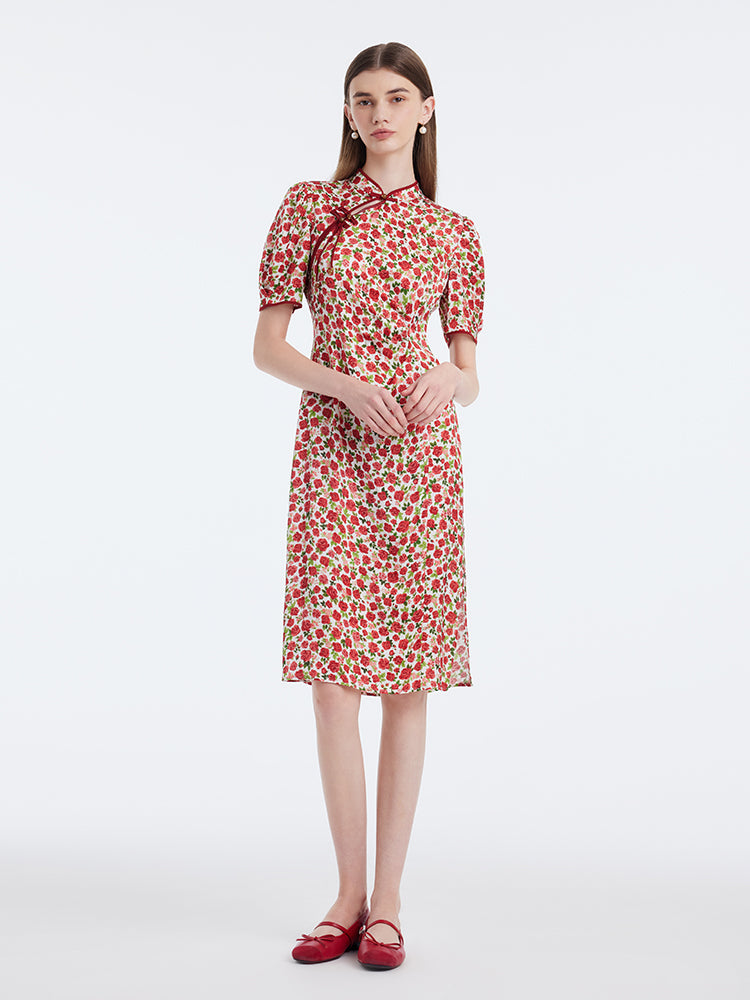 Red Rose Printed Cheongsam Qipao Women Midi Dress