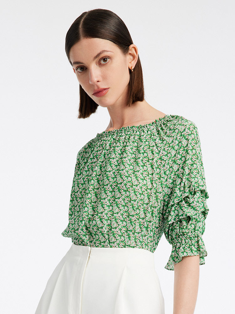 Green Floral Women Blouse And Shorts Two-Piece Set