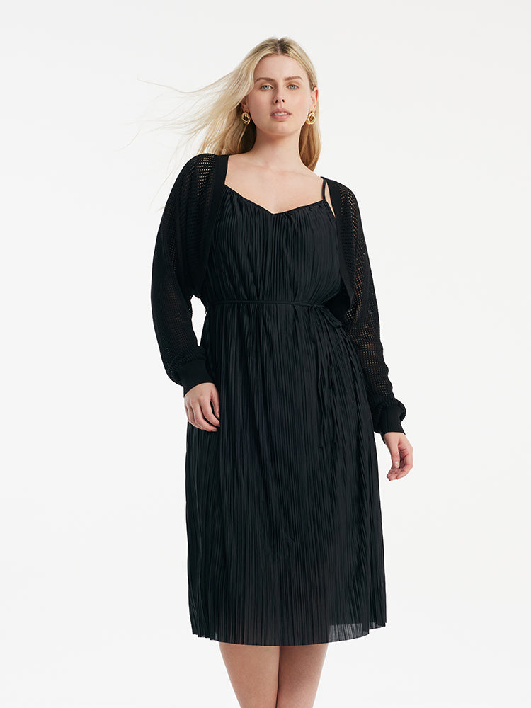 Pleated Spaghetti Strap Midi Dress And Knitted Openwork Cardigan Two-Piece Set