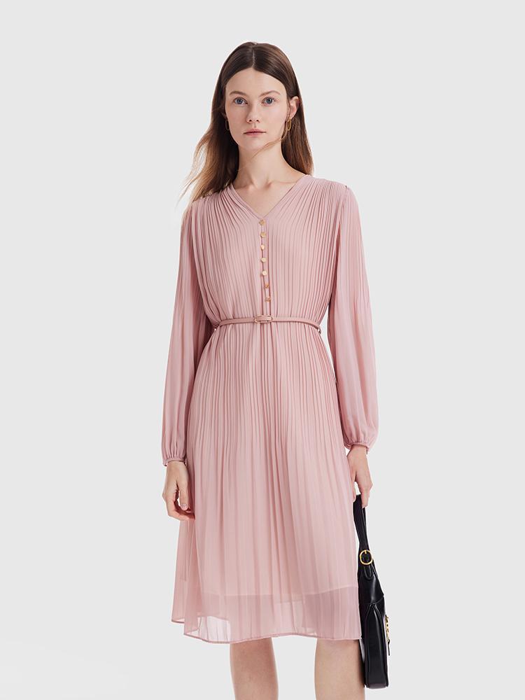 Pink Ruched Midi Dress With Belt