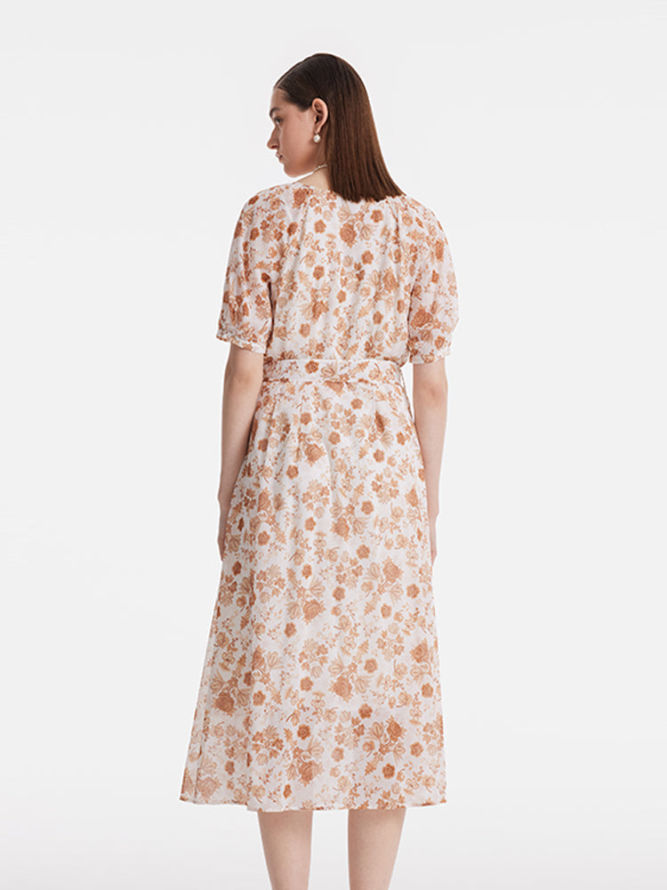 Rose Printed Puff Sleeves Women Midi Dress With Belt