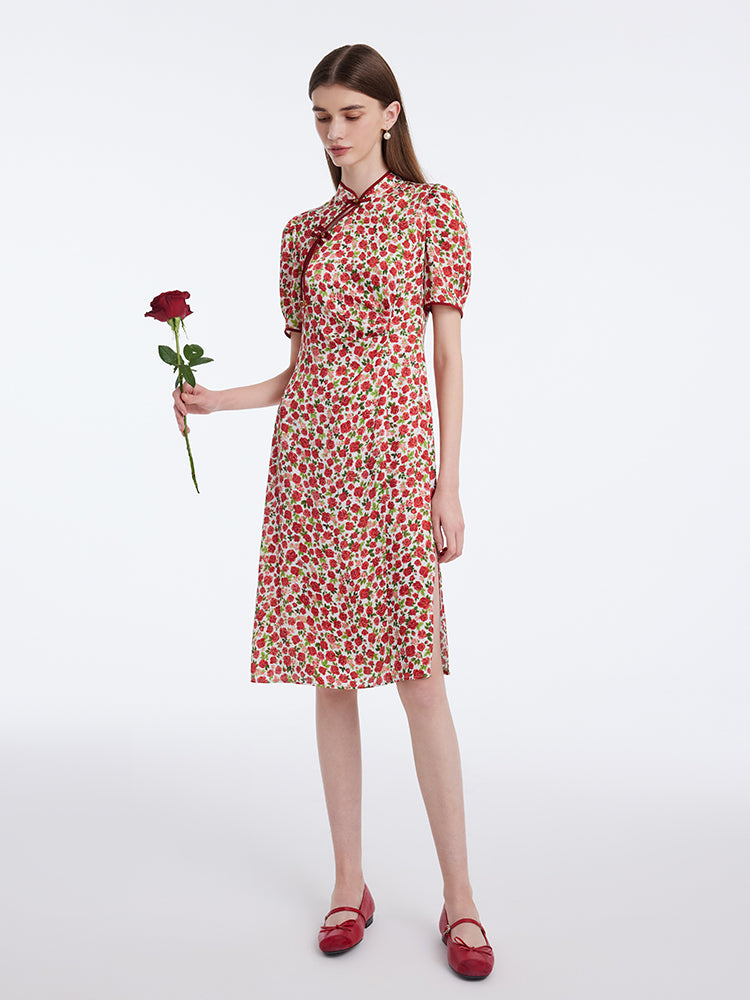 Red Rose Printed Cheongsam Qipao Women Midi Dress