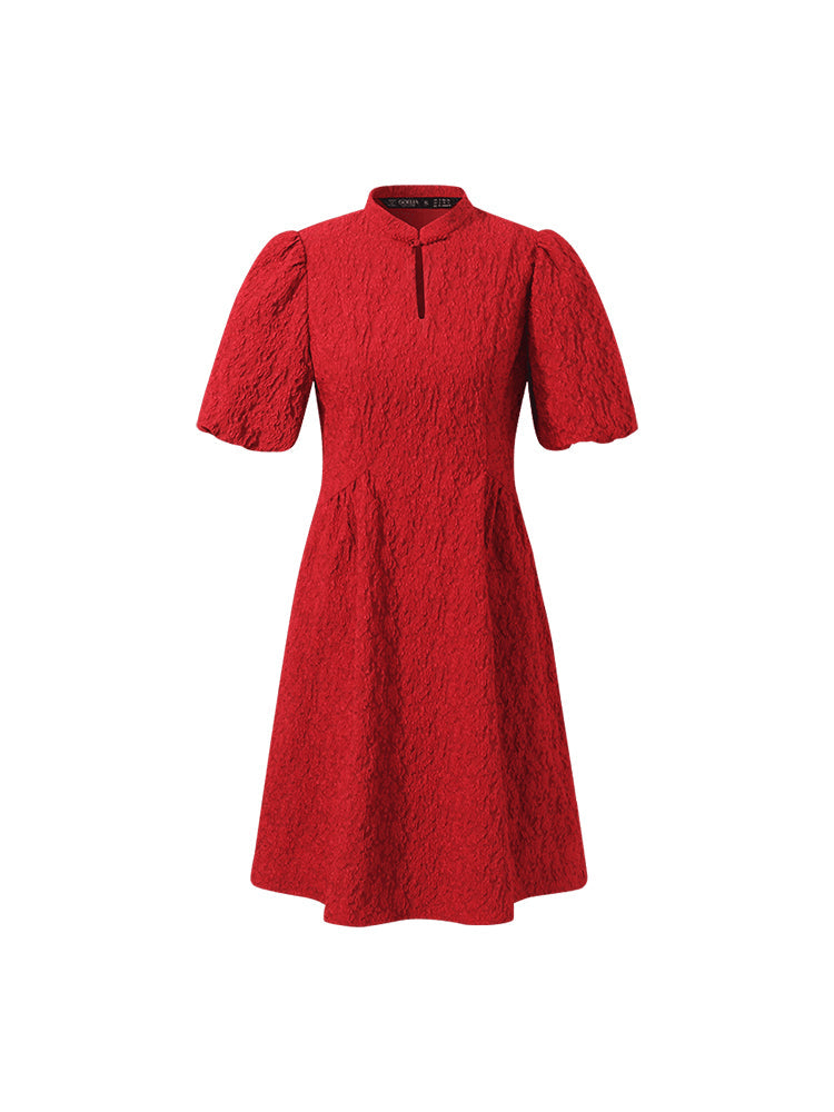 Jacquard Puff Sleeves Women Qipao Mini Dress