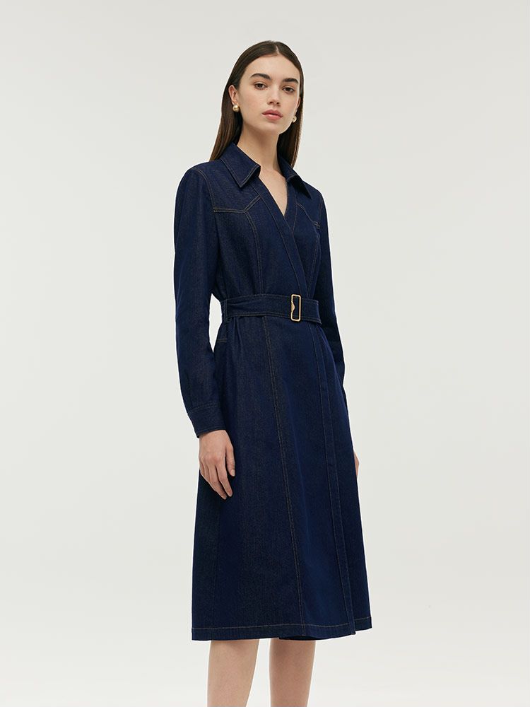 Denim Lapel Women Midi Dress With Belt