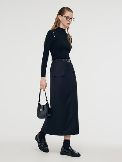 Back Slit Women Column Midi Skirt With Belt