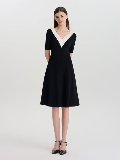 Contrast V-Neck Slim Knitted Women Midi Dress