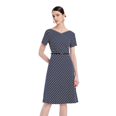 Knitted Stripe Midi Dress With Leather Belt