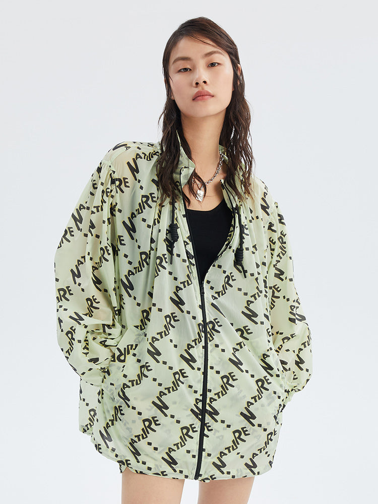 Light Green Sunproof Letter Print Oversized Jacket