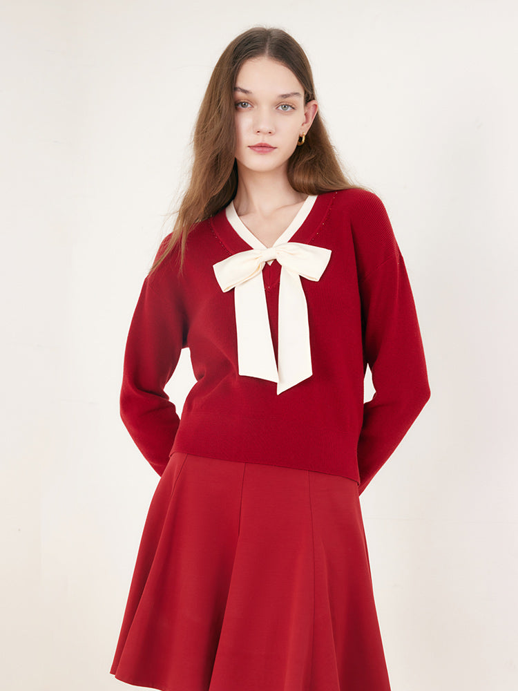 Red Bowknot Patchwork Woven Sweater