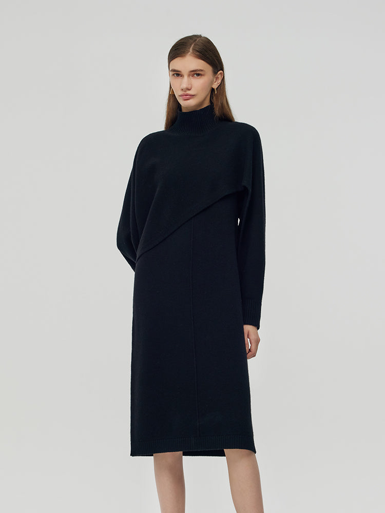 100% Wool Turtleneck Cloak And Dress Two-Piece Set