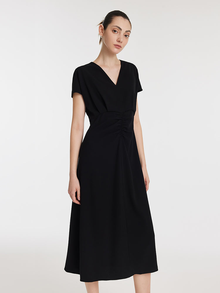 Triacetate V-Neck Ruched Women Midi Dress