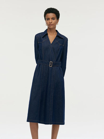 Denim Lapel Women Midi Dress With Belt