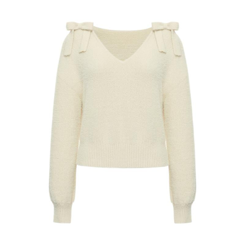 V-neck Tencel And Woolen Sweater With Bows