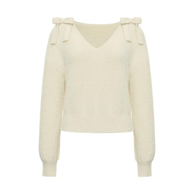 V-neck Tencel And Woolen Sweater With Bows