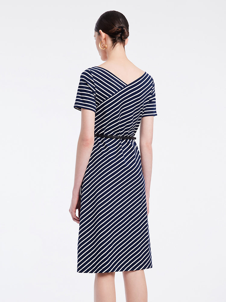 Knitted Stripe Midi Dress With Leather Belt