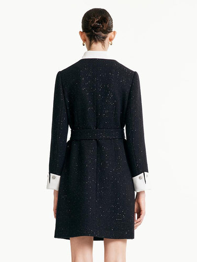 Removable Collar Tweed Waist-cinching Woolen Dress