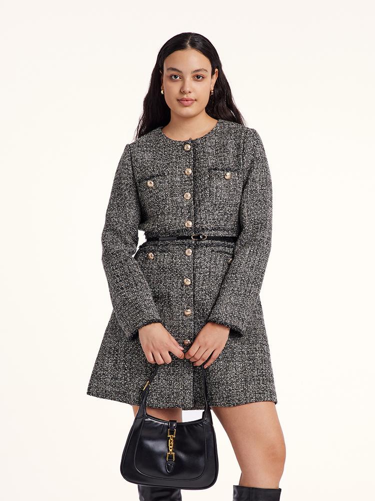 Round Neck Tweed Dress With Belt