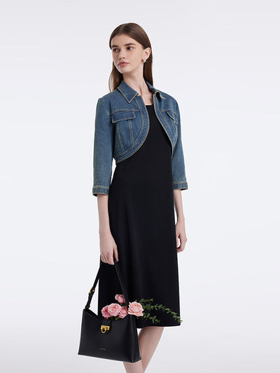 Denim Crop Jacket And Knitted Vest Dress Two-Piece Set