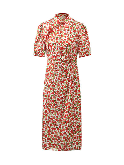 Red Rose Printed Cheongsam Qipao Women Midi Dress