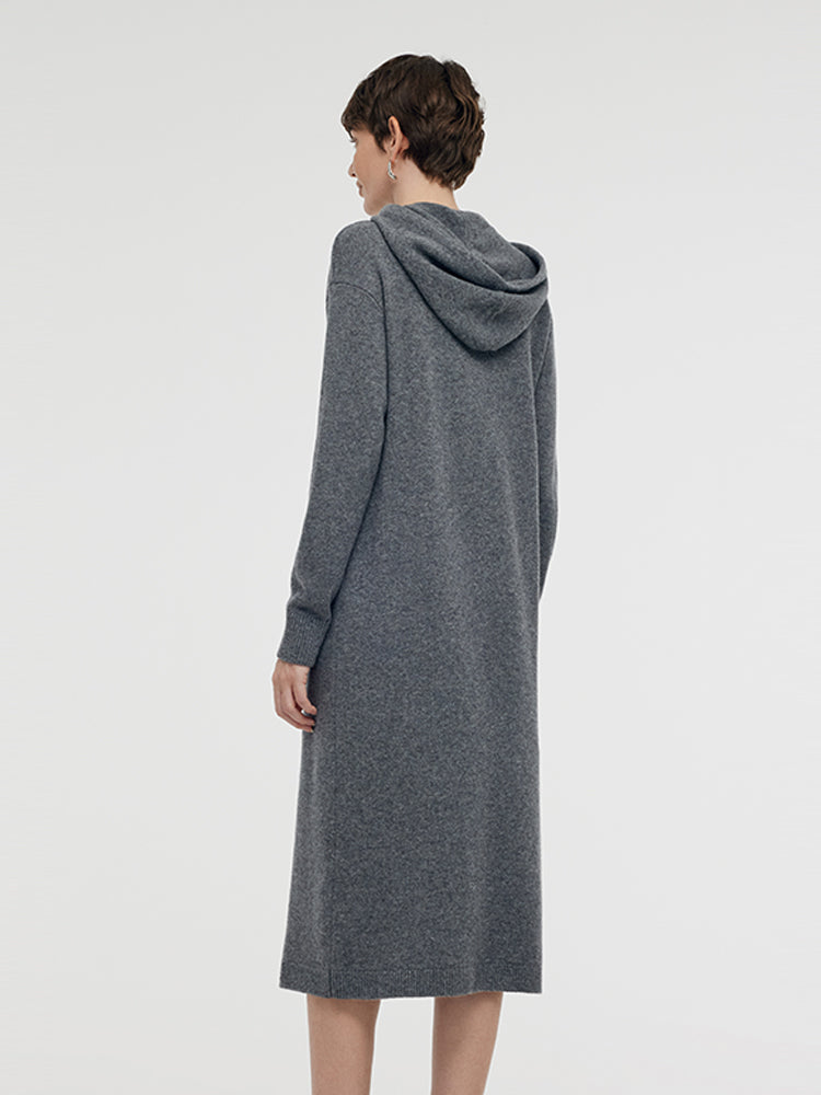 Wool Blend Women Hooded Midi Dress