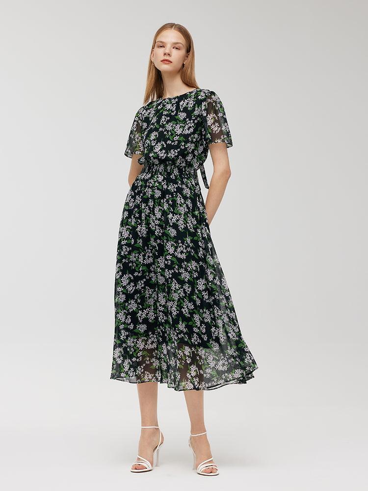 10 Momme Mulberry Silk Floral Printed Bow Tie Neck Women Midi Dress