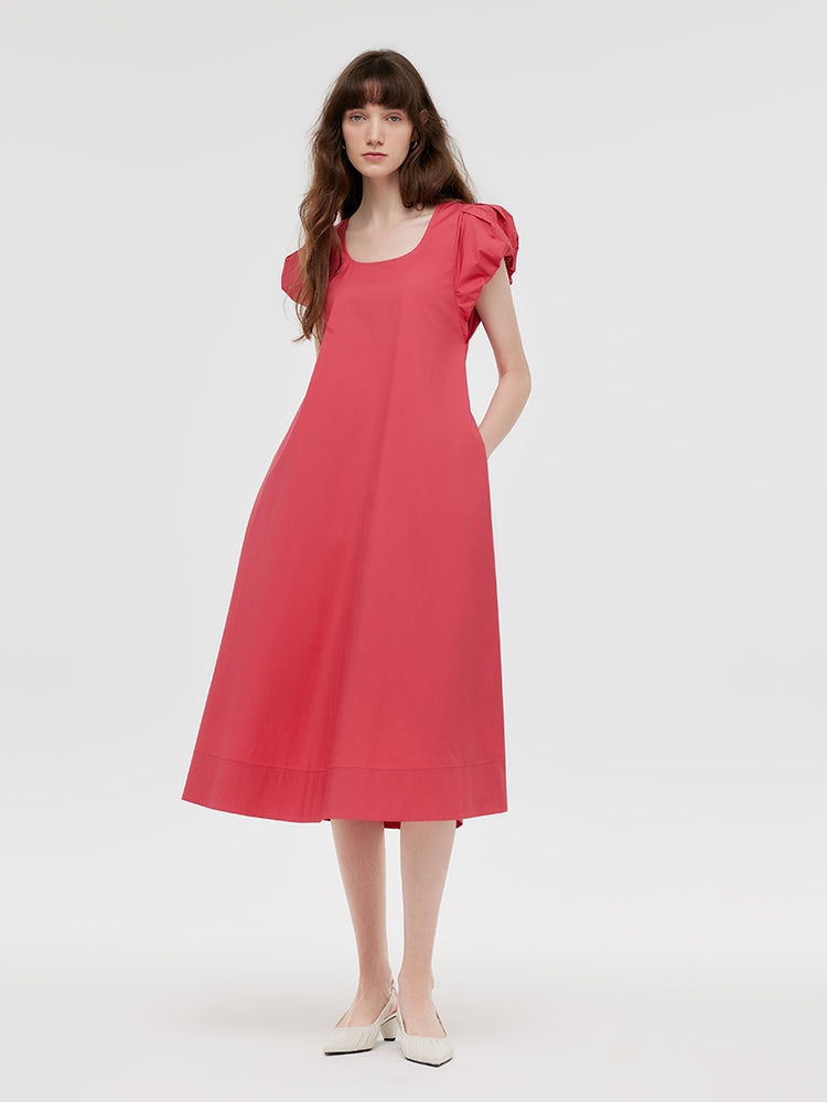 U-Neck Women Midi Dress With Belt